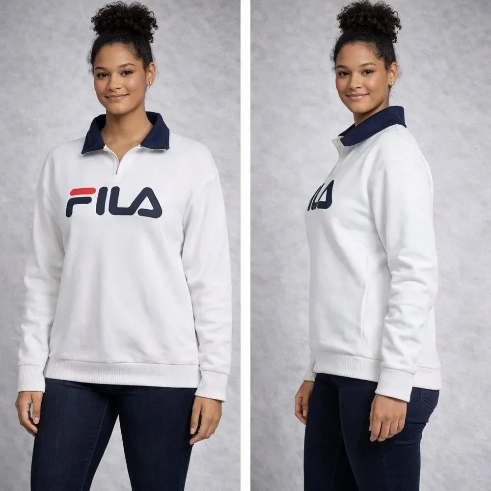 NEW FILA Women’s 1/4 Zip Fleece Pullover – White with Logo Size Medium - Picture 1 of 5